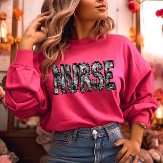 Nurse Faux Embroidery Diamonds Bling DTF  Transfer