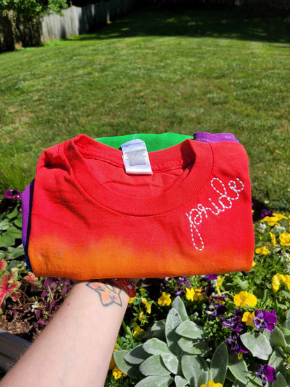 Pride Bean Stitch Embroidery Neckline Rainbow Tie Dye T-Shirt