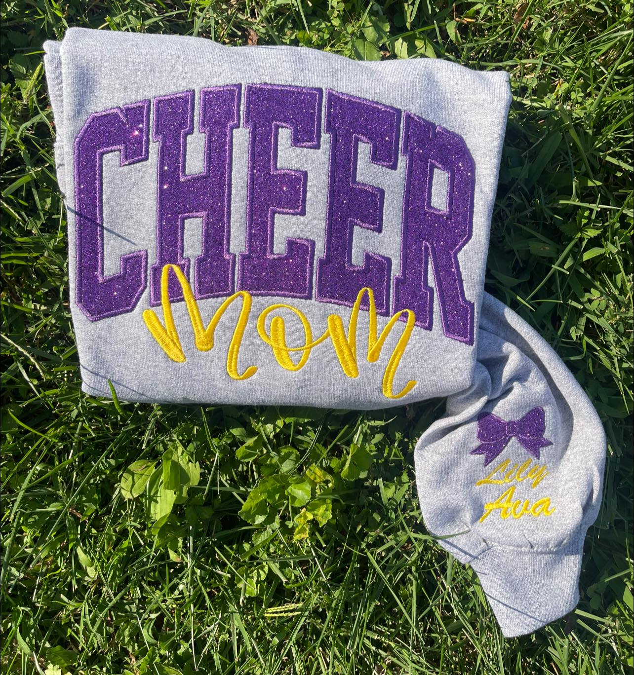 Cheer Mom Varsity Applique with Name and Icon on Sleeve Embroidered CC Short Sleeve or Sweatshirt