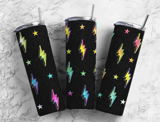 Neon Lightning Bolts on Black Base Completed 20oz Skinny Tumbler