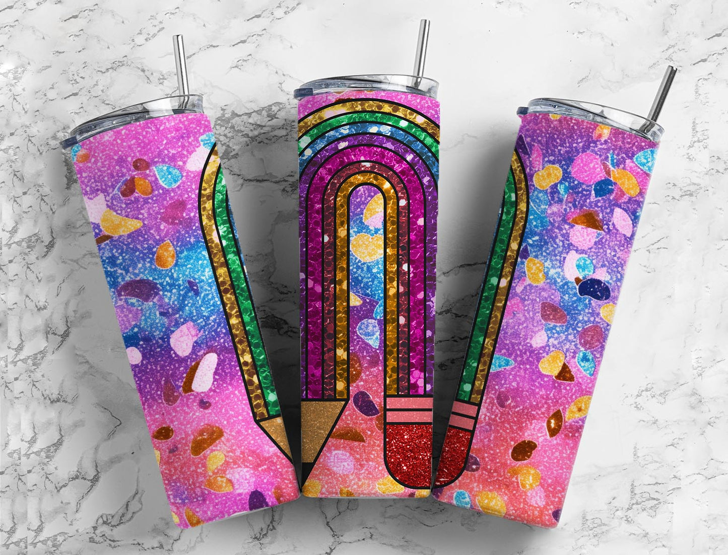 Rainbow Glitter Pencil School Completed 20oz Skinny Tumbler