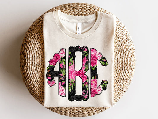 Pink and Black Floral Monogram DTF Transfer