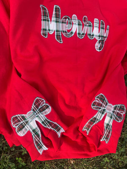 Merry Plaid Fabric Applique with Optional Side Bows Christmas Holiday Embroidered Sweatshirt