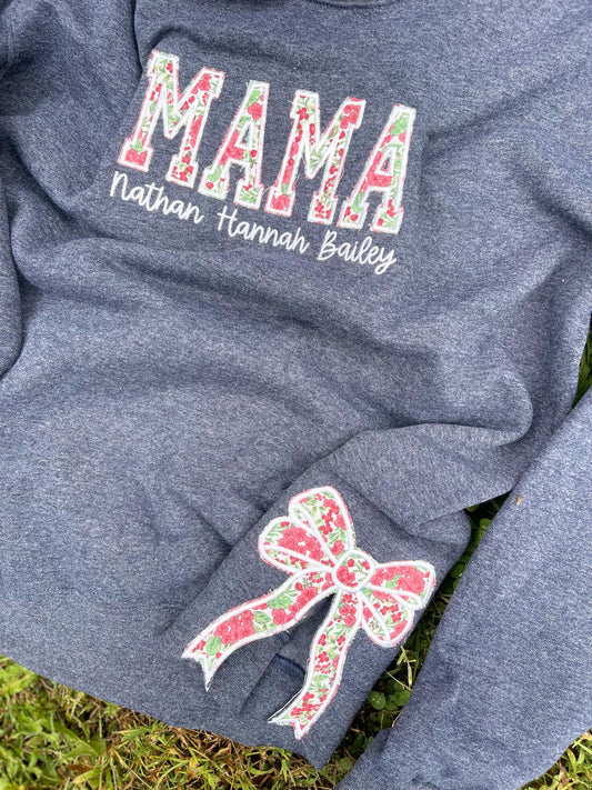 Side Bow Custom Fabric Applique Embroidered Sweatshirt with Optional Text on Front