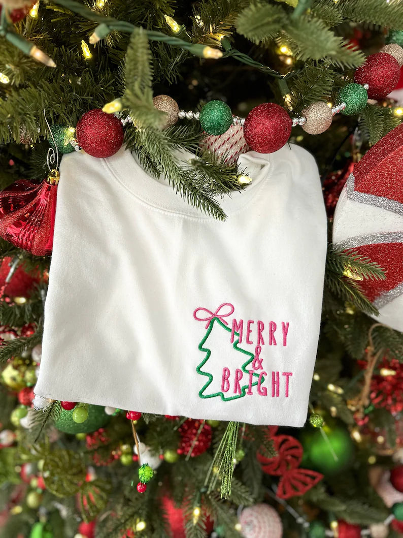 Merry And Bright Christmas Holiday Embroidered Sweatshirt