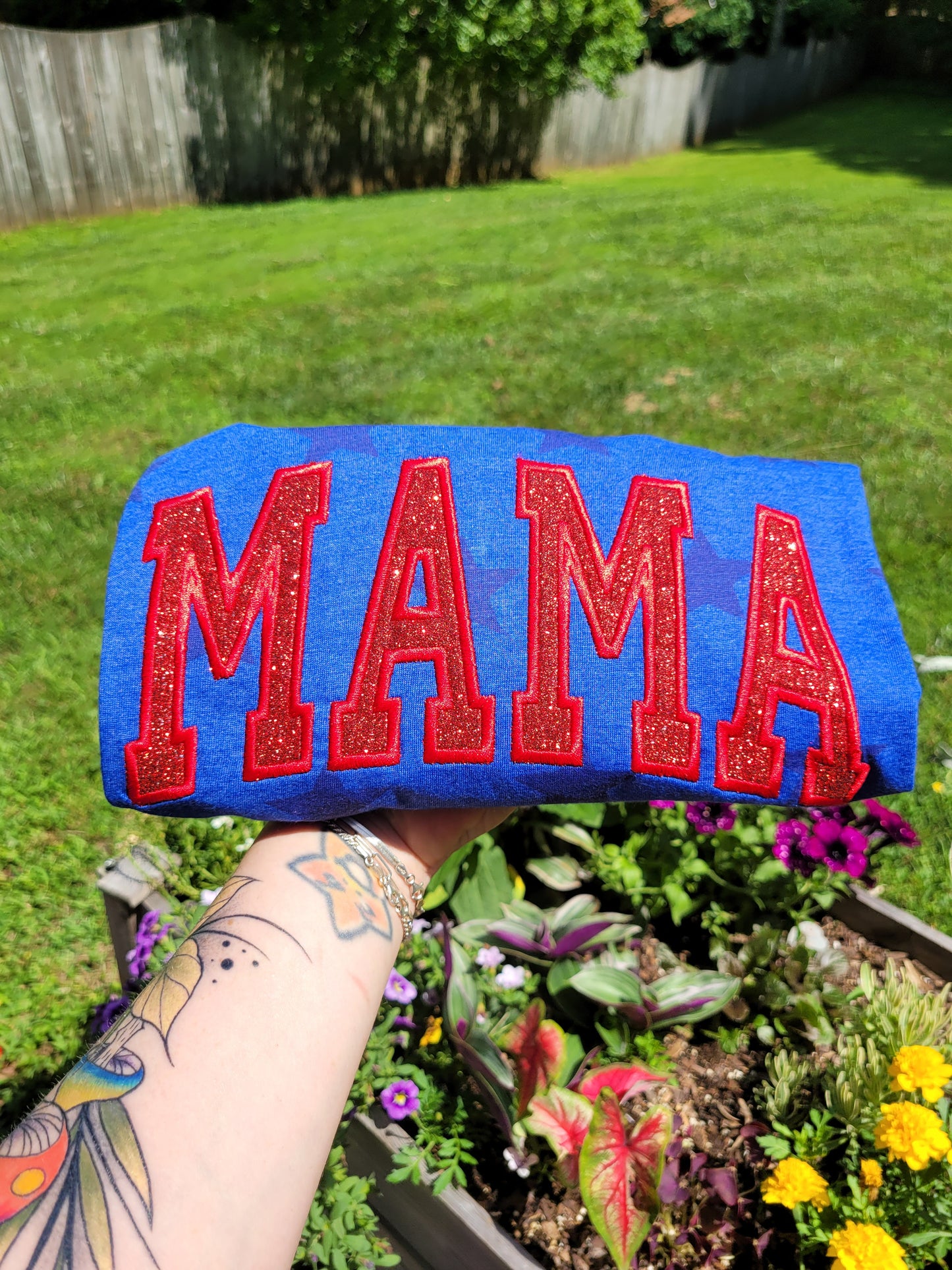 Patriotic Star Spangled Blue Tee with Red Glitter Mama Applique