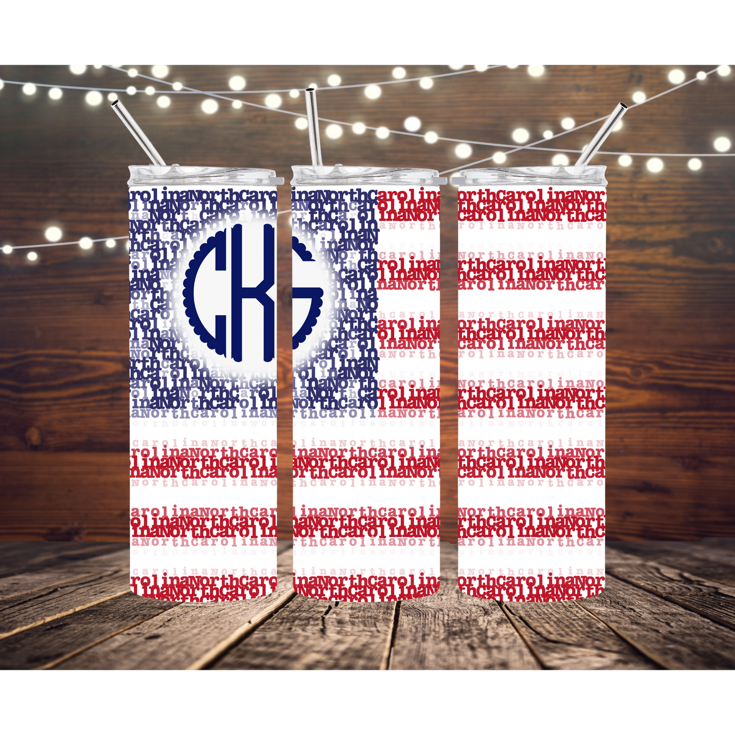 North Carolina NC American Flag Personalized Custom Monogram 20oz Stainless Steel Skinny Tumbler