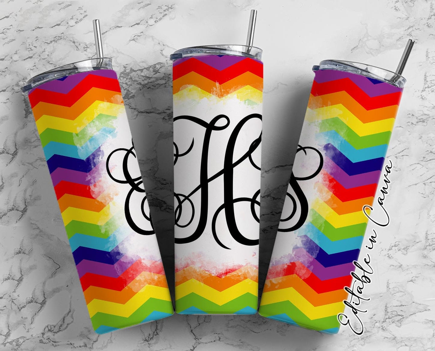 Rainbow ZigZag Vine Monogram 20oz Stainless Steel Skinny Tumbler