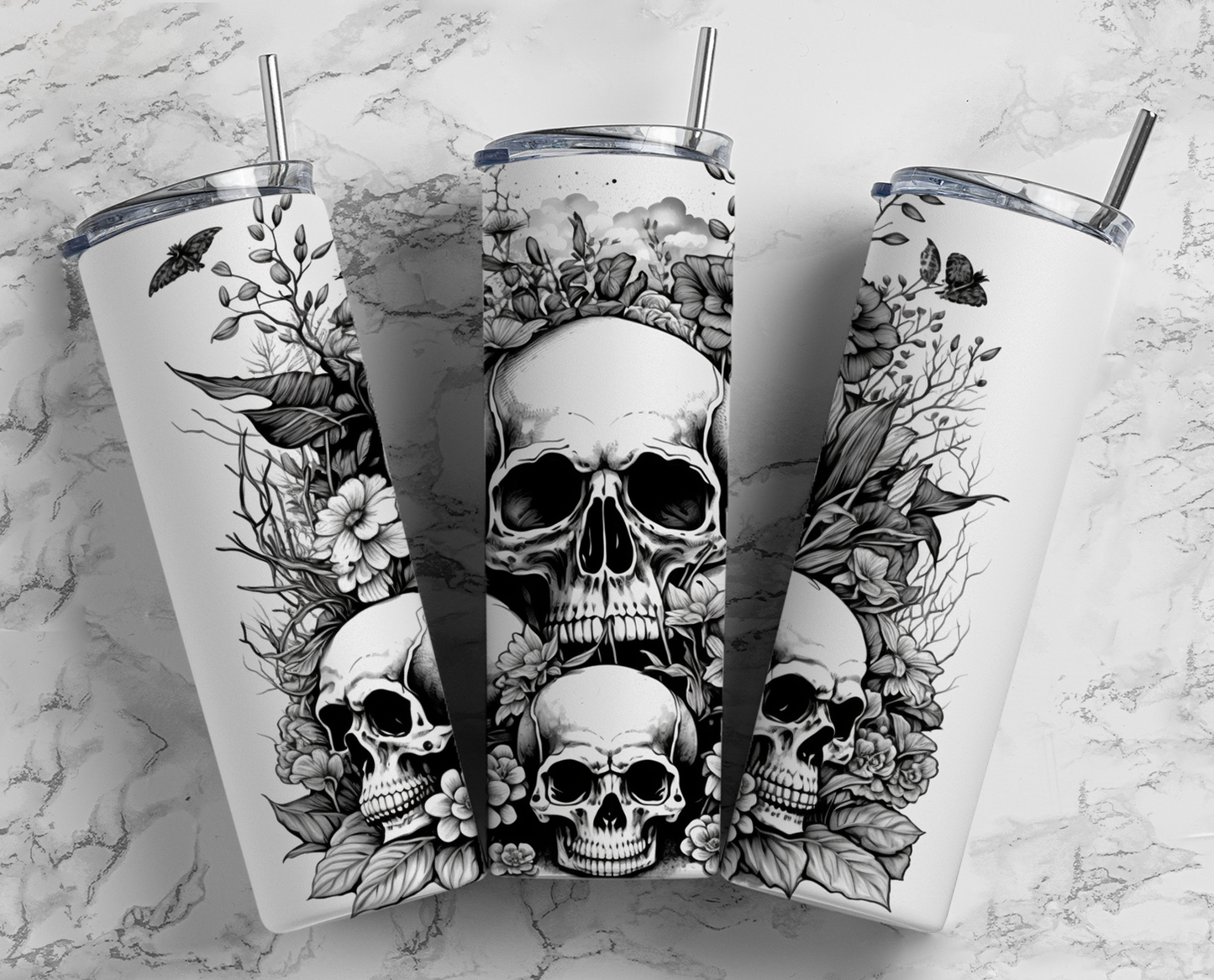 Black and White Skull Stack Completed 20oz Skinny Tumbler