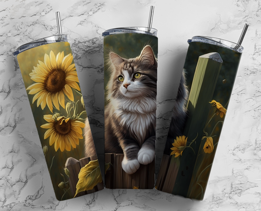 Sunflower Kitty Cat Completed 20oz Skinny Tumbler