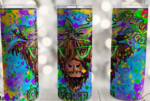 Mardi Gras Queen Highland Cow Completed 20oz Skinny Tumbler