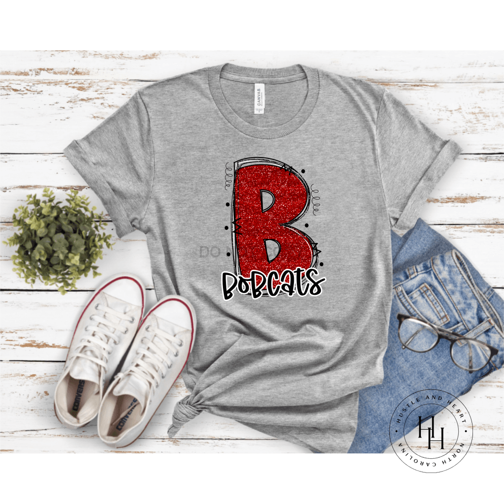 Bobcats Red Glitter Varsity Doodle Unisex Tee