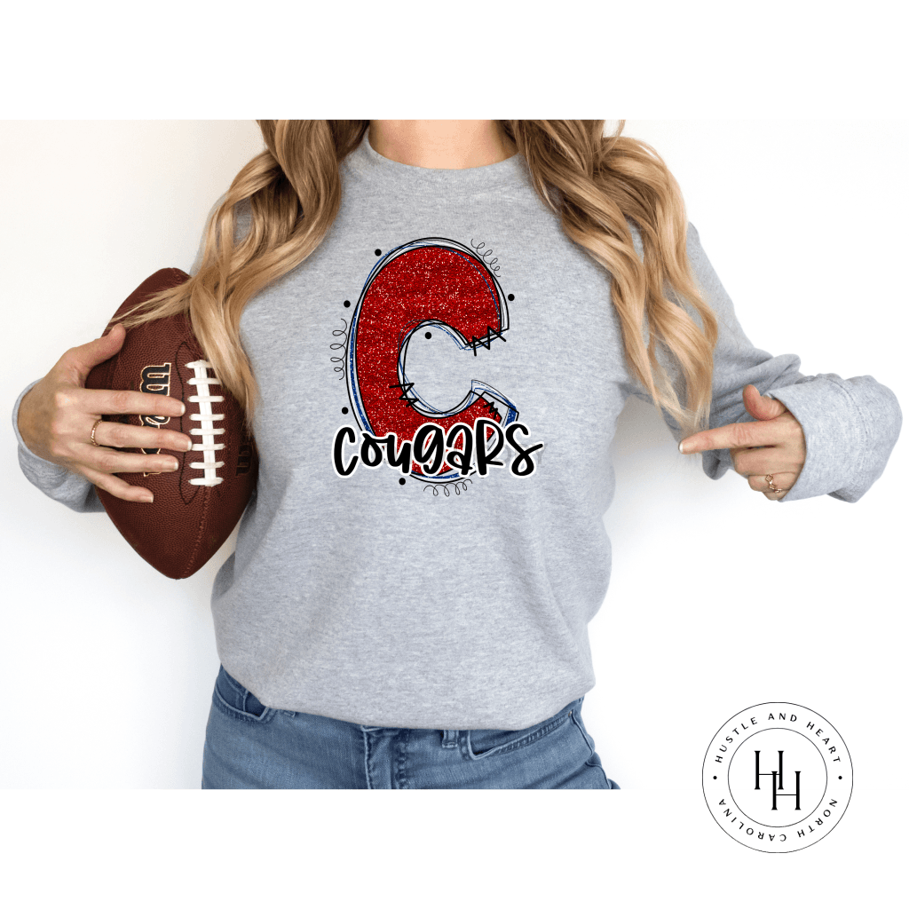 Cougars Red/blue Glitter Varsity Doodle Graphic Tee Unisex Tee