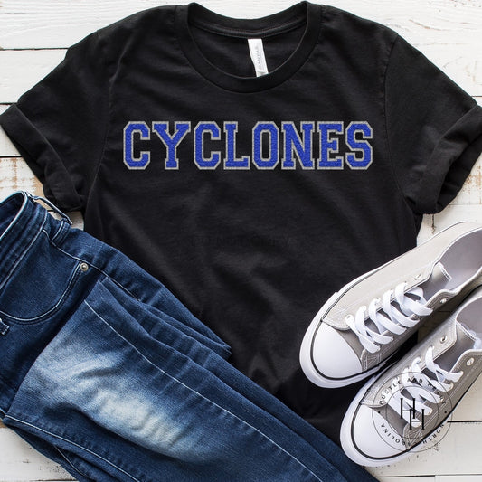 Cyclones Blue Faux Chenille Letters Graphic Tee