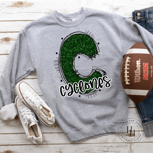 Cyclones Dark Green Glitter Varsity Doodle Graphic Tee Unisex Tee