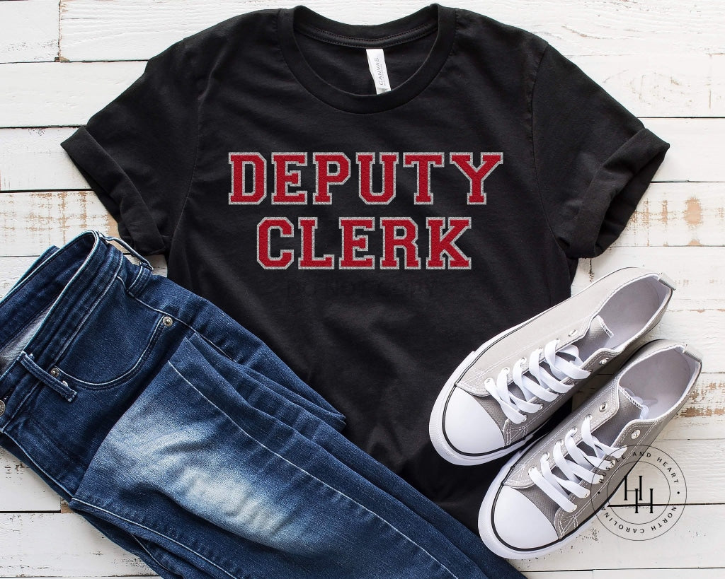 Deputy Clerk Red/silver Faux Chenille Letters Graphic Tee Dtg