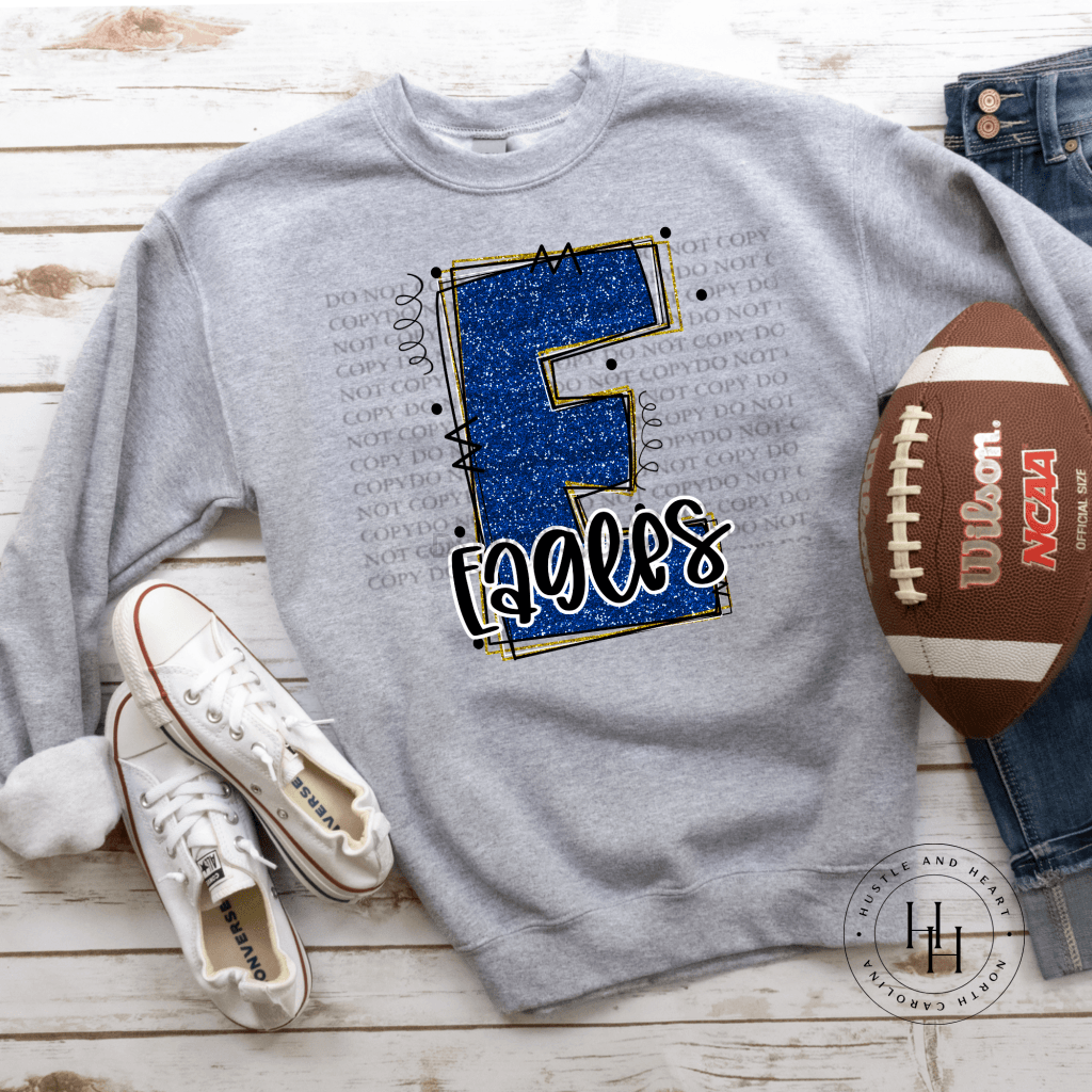 Eagles Blue/yellow Glitter Varsity Doodle Graphic Tee Unisex Tee