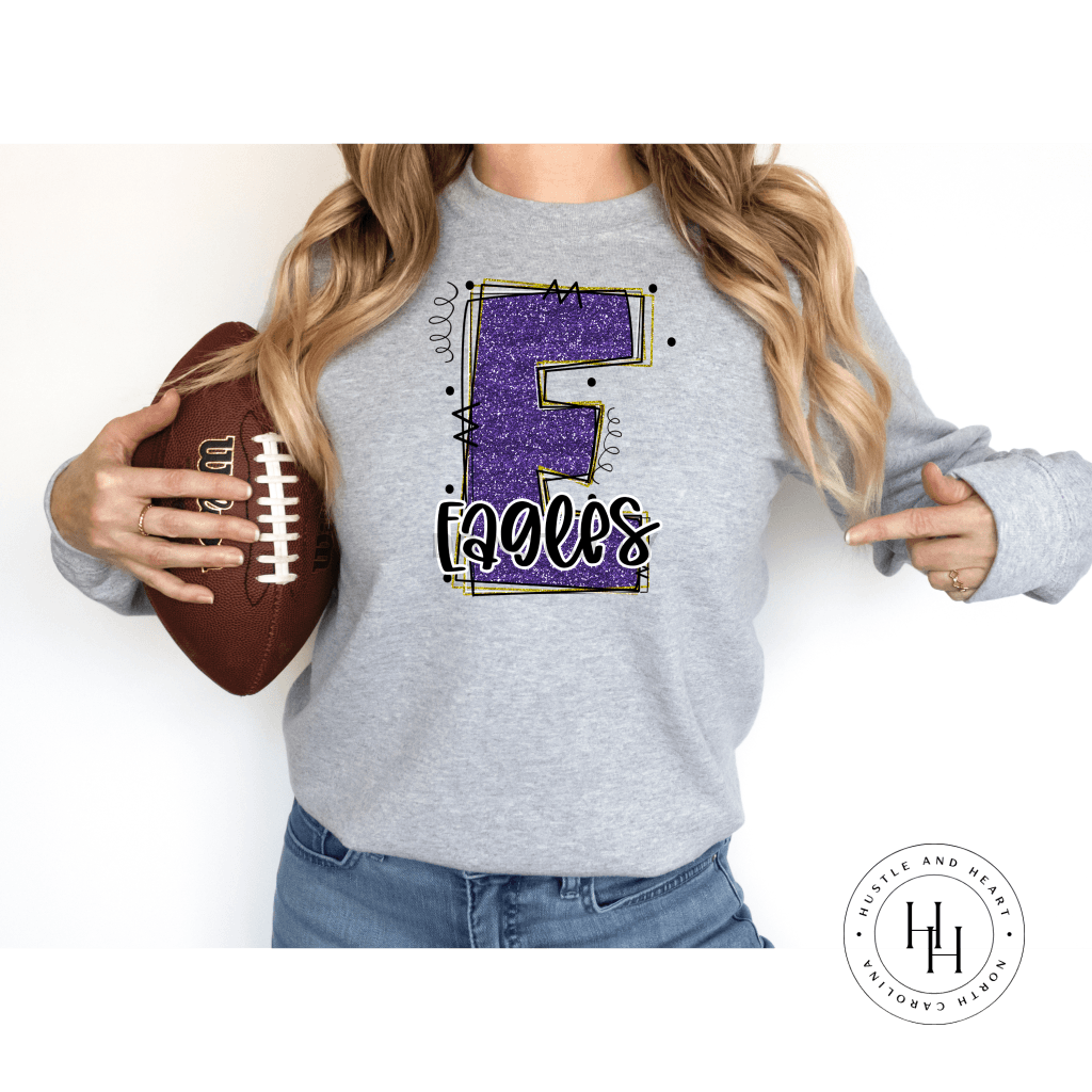 Eagles Purple/yellow Glitter Varsity Doodle Graphic Tee Unisex Tee