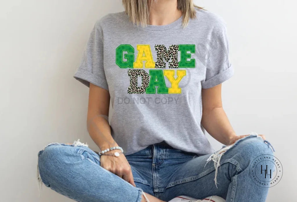 Game Day Green/yellow Faux Embroidery Graphic Tee Shirt