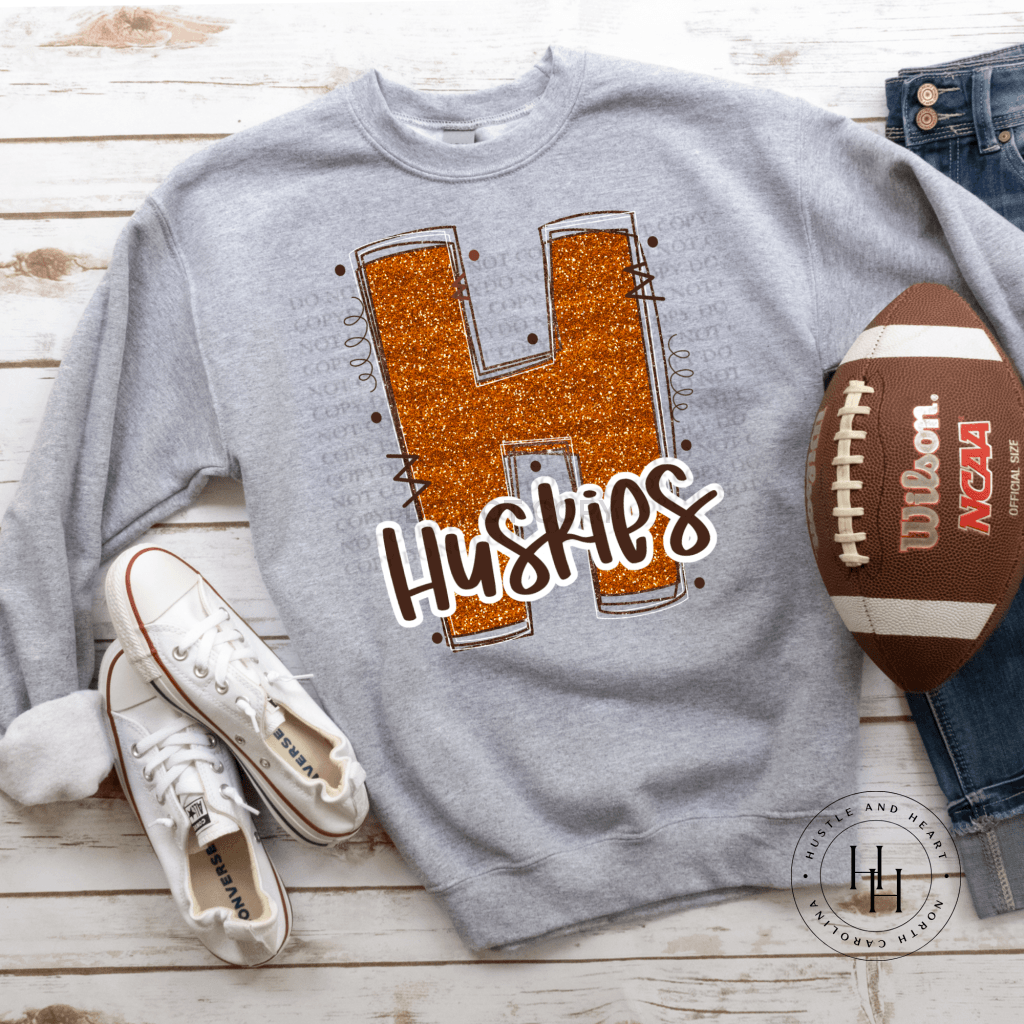 Huskies Orange Glitter Varsity Doodle Graphic Tee Youth Small / Unisex Sweatshirt Tee