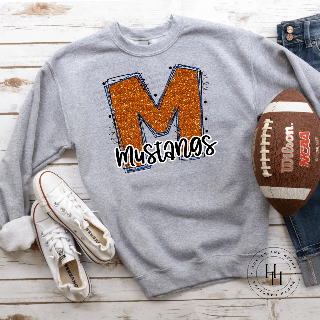 Mustangs Orange/blue Glitter Varsity Doodle Graphic Tee Dtg Tee