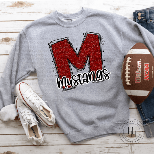 Mustangs Red Glitter Varsity Doodle Graphic Tee Unisex Tee