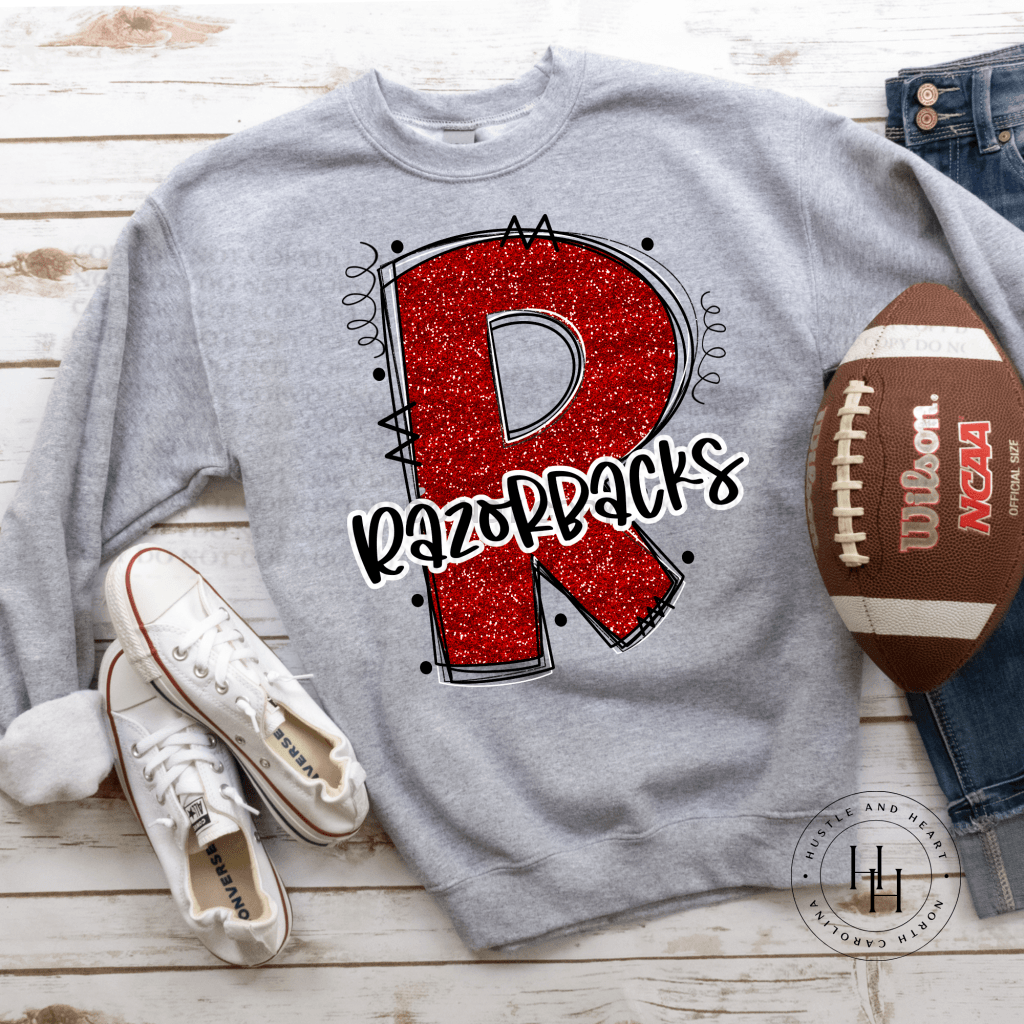 Razorbacks Red Glitter Varsity Doodle Graphic Tee Unisex Tee