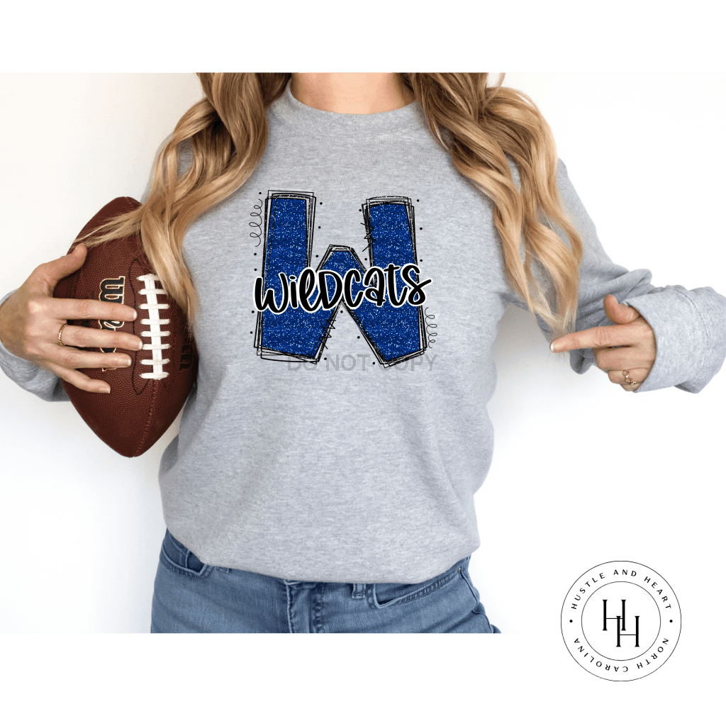 Wildcats Blue Glitter Varsity Doodle Graphic Tee Dtg Tee