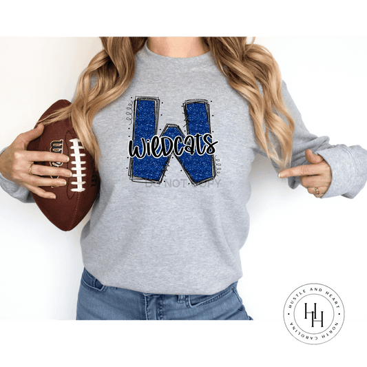 Wildcats Blue Glitter Varsity Doodle Graphic Tee Dtg Tee