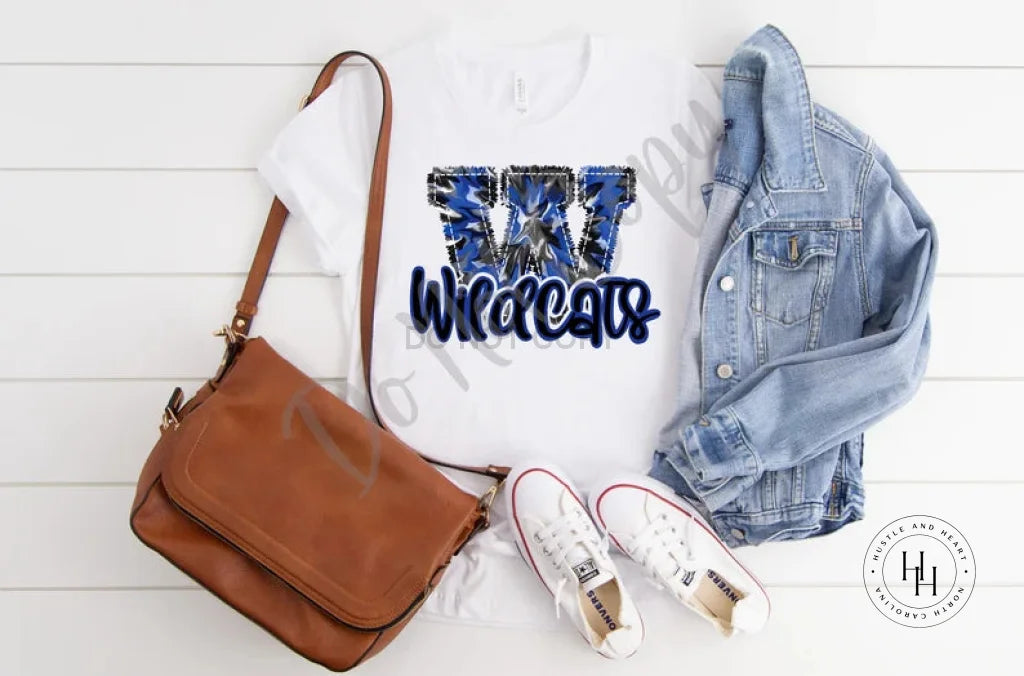 Wildcats Blue/black Faux Embroidery Graphic Tee Shirt