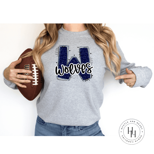 Wolves Navy Glitter Varsity Doodle Graphic Tee Unisex Tee